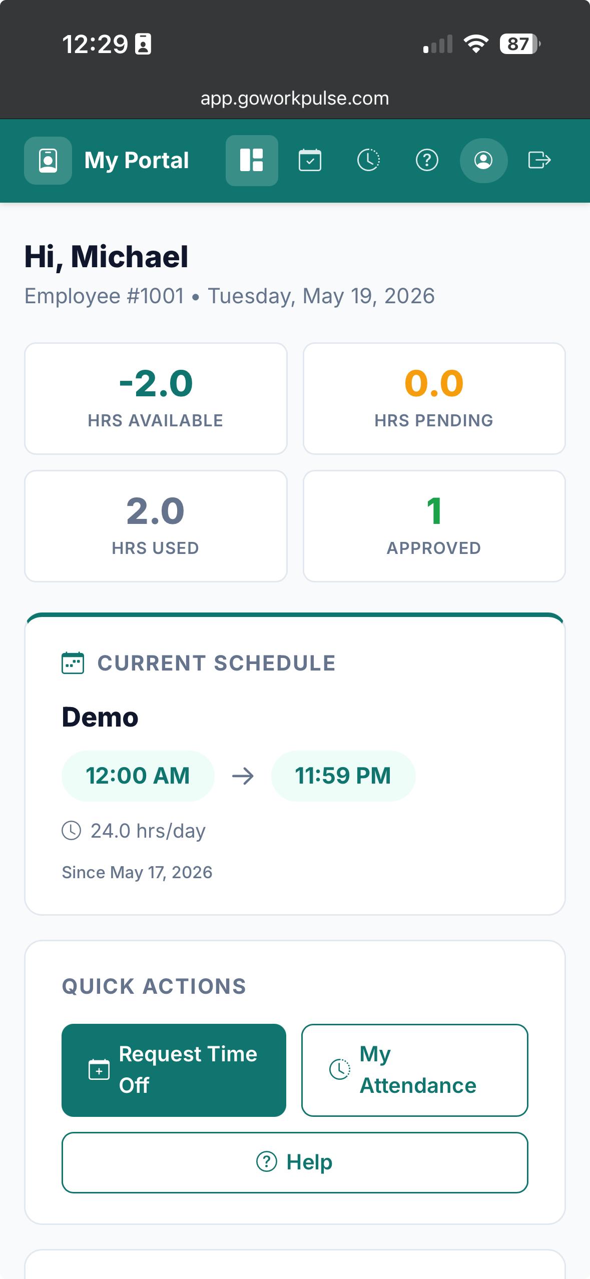 OnTimePunch employee portal on mobile showing self-service workforce tools
